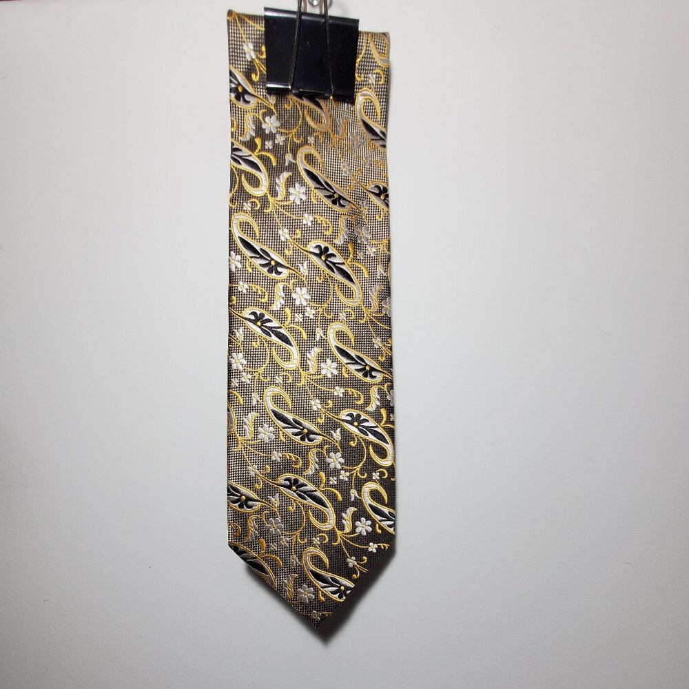 ZANETTI CRAVATTE MENS GOLD/SILVER/BLACK PAISLEY STYLE TIE MADE IN ITALY